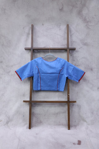 Boat Neck Blue Cotton Blouse With Red Piping