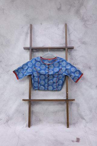 Boat Neck Indigo Blue HBP Cotton Blouse With Red Piping