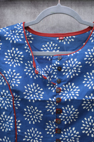 Boat Neck Indigo Blue HBP Cotton Blouse With Red Piping