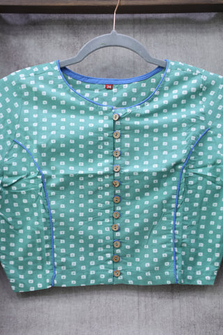 Boat Neck Parrot Green HBP Cotton Blouse With Blue Piping