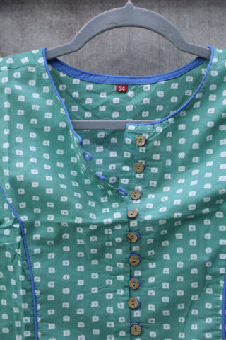 Boat Neck Parrot Green HBP Cotton Blouse With Blue Piping