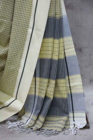 Yellow Big Check Cotton Patteda Anchu Saree-SRYPAS34EX