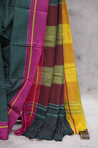 Green Big Checks Cotton Patteda Anchu Saree With Yellow-Pink Border - SRGPAS39EX