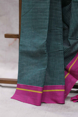 Green Big Checks Cotton Patteda Anchu Saree With Yellow-Pink Border - SRGPAS39EX