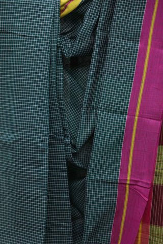 Green Big Checks Cotton Patteda Anchu Saree With Yellow-Pink Border - SRGPAS39EX