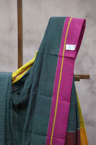 Green Big Checks Cotton Patteda Anchu Saree With Yellow-Pink Border - SRGPAS39EX