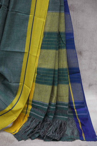 Bottle Green Small Checks Cotton Patteda Anchu Saree With Yellow-Blue Border