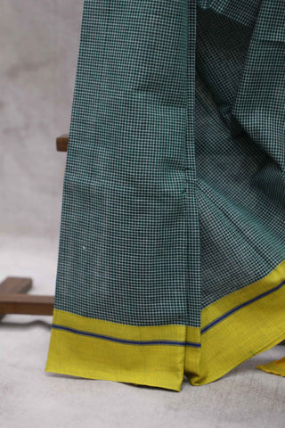 Bottle Green Small Checks Cotton Patteda Anchu Saree With Yellow-Blue Border