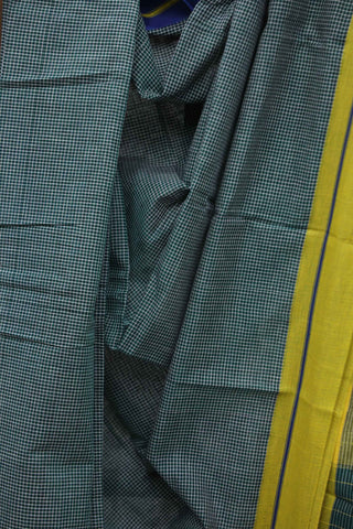 Bottle Green Small Checks Cotton Patteda Anchu Saree With Yellow-Blue Border