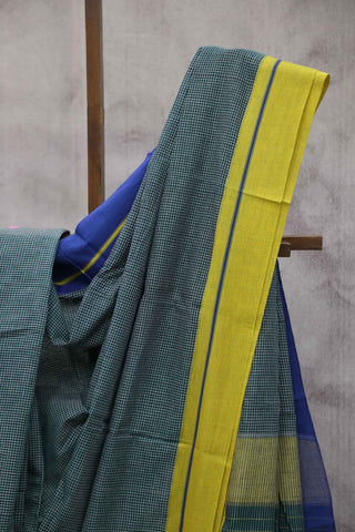 Bottle Green Small Checks Cotton Patteda Anchu Saree With Yellow-Blue Border