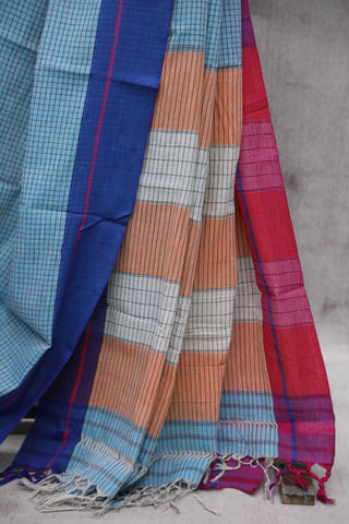 Big Checks Sky Blue Patteda Anchu Saree With Pink-Blue Border - SRSBCPAS55