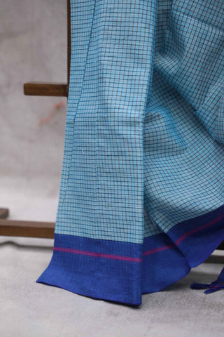 Big Checks Sky Blue Patteda Anchu Saree With Pink-Blue Border - SRSBCPAS55