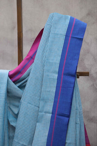 Big Checks Sky Blue Patteda Anchu Saree With Pink-Blue Border - SRSBCPAS55