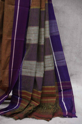 Maroon Small Yellow Checks Cotton Patteda Anchu Saree With Magenta Border -SRMPAS66