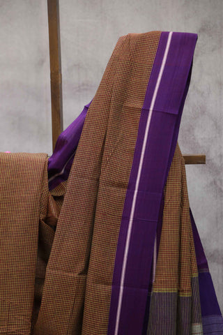 Maroon Small Yellow Checks Cotton Patteda Anchu Saree With Magenta Border -SRMPAS66