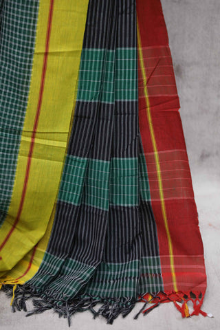 Green  Big Check Cotton Patteda Anchu Saree-SRGPAS27EX