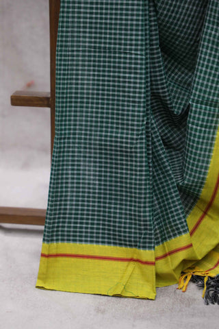 Green  Big Check Cotton Patteda Anchu Saree-SRGPAS27EX