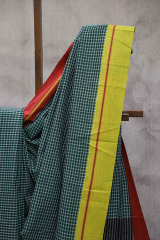 Green  Big Check Cotton Patteda Anchu Saree-SRGPAS27EX