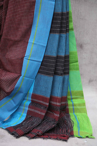 Brown Big Checks Cotton Patteda Anchu Saree With Blue-Green Border - SRBPAS43EX