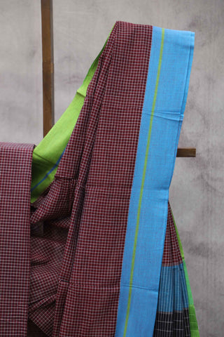 Brown Big Checks Cotton Patteda Anchu Saree With Blue-Green Border - SRBPAS43EX