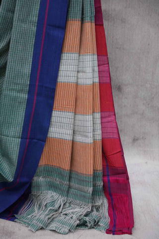 Moss Green Big Checks Cotton Patteda Anchu Saree With Blue-Pink Border - SRGPAS42EX