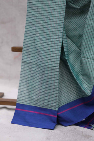 Moss Green Big Checks Cotton Patteda Anchu Saree With Blue-Pink Border - SRGPAS42EX