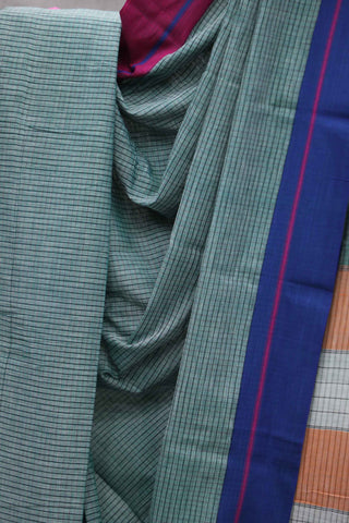 Moss Green Big Checks Cotton Patteda Anchu Saree With Blue-Pink Border - SRGPAS42EX