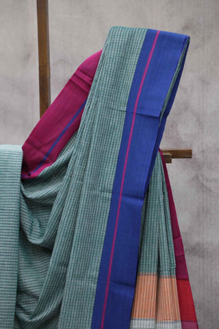 Moss Green Big Checks Cotton Patteda Anchu Saree With Blue-Pink Border - SRGPAS42EX