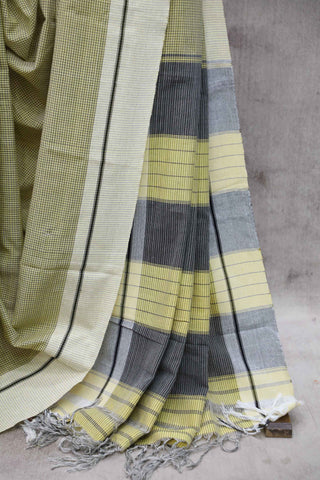 Yellow Small Check Cotton Patteda Anchu Saree-SRYPAS35EX