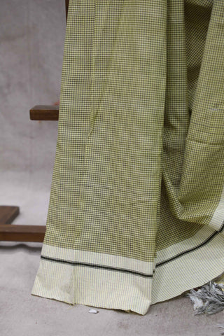 Yellow Small Check Cotton Patteda Anchu Saree-SRYPAS35EX