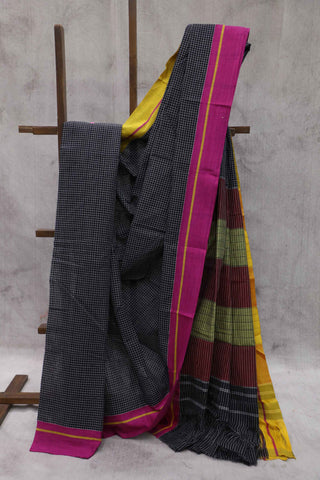 Black Big Checks Cotton Patteda Anchu Saree With Pink-Yellow Border