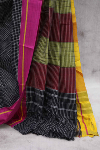 Black Big Checks Cotton Patteda Anchu Saree With Pink-Yellow Border