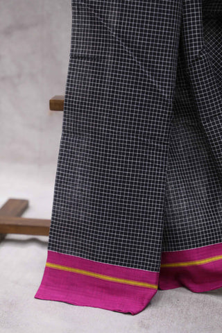 Black Big Checks Cotton Patteda Anchu Saree With Pink-Yellow Border