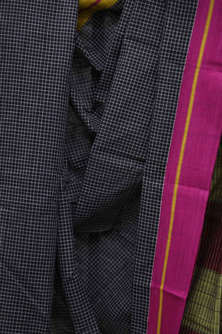 Black Big Checks Cotton Patteda Anchu Saree With Pink-Yellow Border