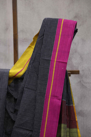 Black Big Checks Cotton Patteda Anchu Saree With Pink-Yellow Border