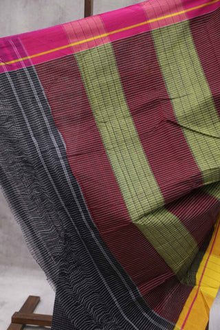 Black Big Checks Cotton Patteda Anchu Saree With Pink-Yellow Border