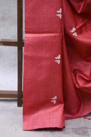 Pink Embroidered Kantha Tussar Silk Saree - SRPEKTSS1019