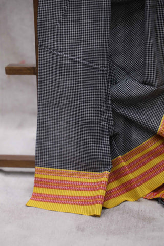 Black Small Checks Cotton Patteda Anchu Saree With Yellow-Red Gomi Border - SRBPAS38EX