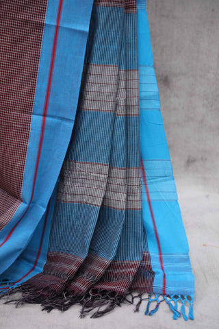 Brown Small Checks Cotton Patteda Anchu Saree With Blue Border - SRBPAS52EX