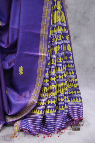 Two Tone Blue Embroidered Kantha Tussar Silk Saree - SRTTBEKTSS1021