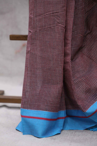 Brown Small Checks Cotton Patteda Anchu Saree With Blue Border - SRBPAS52EX