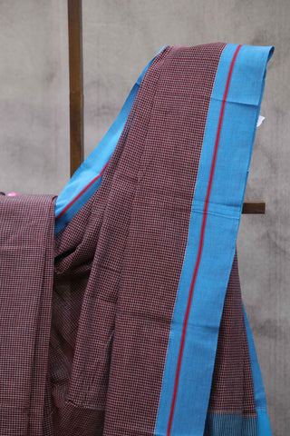 Brown Small Checks Cotton Patteda Anchu Saree With Blue Border - SRBPAS52EX