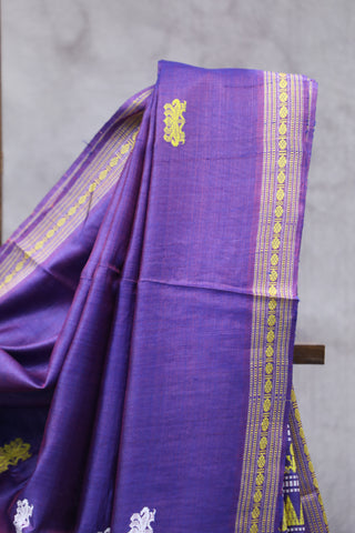 Two Tone Blue Embroidered Kantha Tussar Silk Saree - SRTTBEKTSS1021