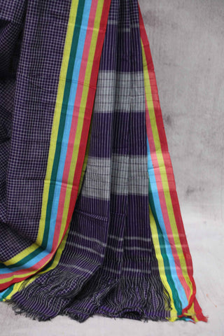 Purple Big Checks Cotton Patteda Anchu Saree With Multicolor Border - SRPPAS53EX