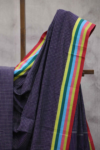 Purple Big Checks Cotton Patteda Anchu Saree With Multicolor Border - SRPPAS53EX