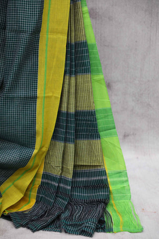 Bottle Green Big Checks Cotton Patteda Anchu Saree With Yelllow-Green Border -SRBGPAS79