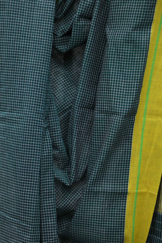 Bottle Green Big Checks Cotton Patteda Anchu Saree With Yelllow-Green Border -SRBGPAS79