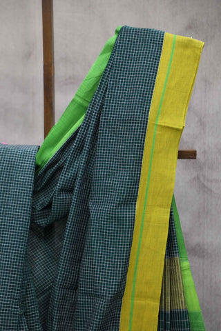 Bottle Green Big Checks Cotton Patteda Anchu Saree With Yelllow-Green Border -SRBGPAS79