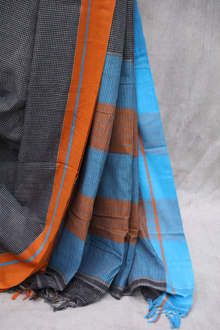 Black Small Checks Cotton Patteda Anchu Saree With Blue-Orange Border -SRBPAS80