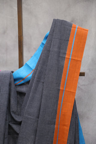 Black Small Checks Cotton Patteda Anchu Saree With Blue-Orange Border -SRBPAS80